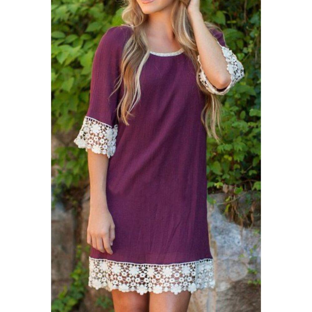 UMGEE Dark‎ Purple Cream Lace Crochet Trim Boho Cotton Blend Gauzy Tunic Dress